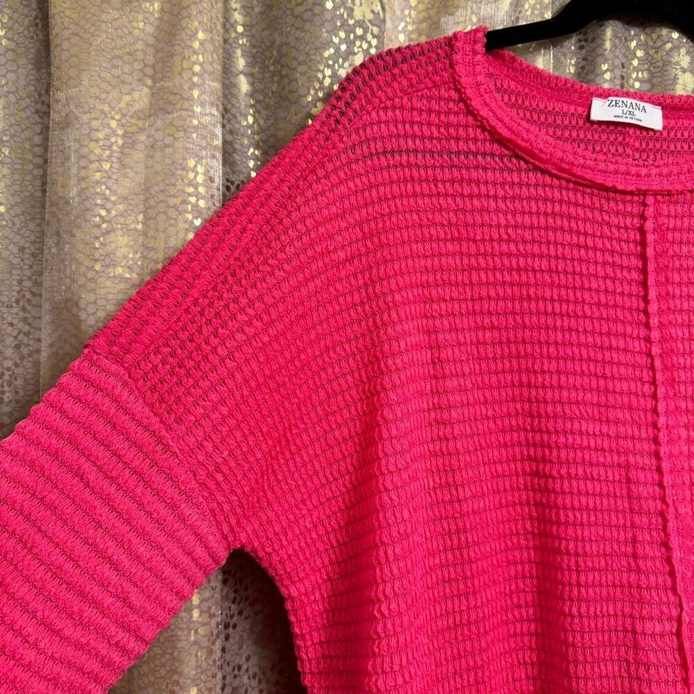 Zenana Hot Bright Pink Knit Thermal Long Stretchy Sleeve Top L/XL - Picture 5 of 6